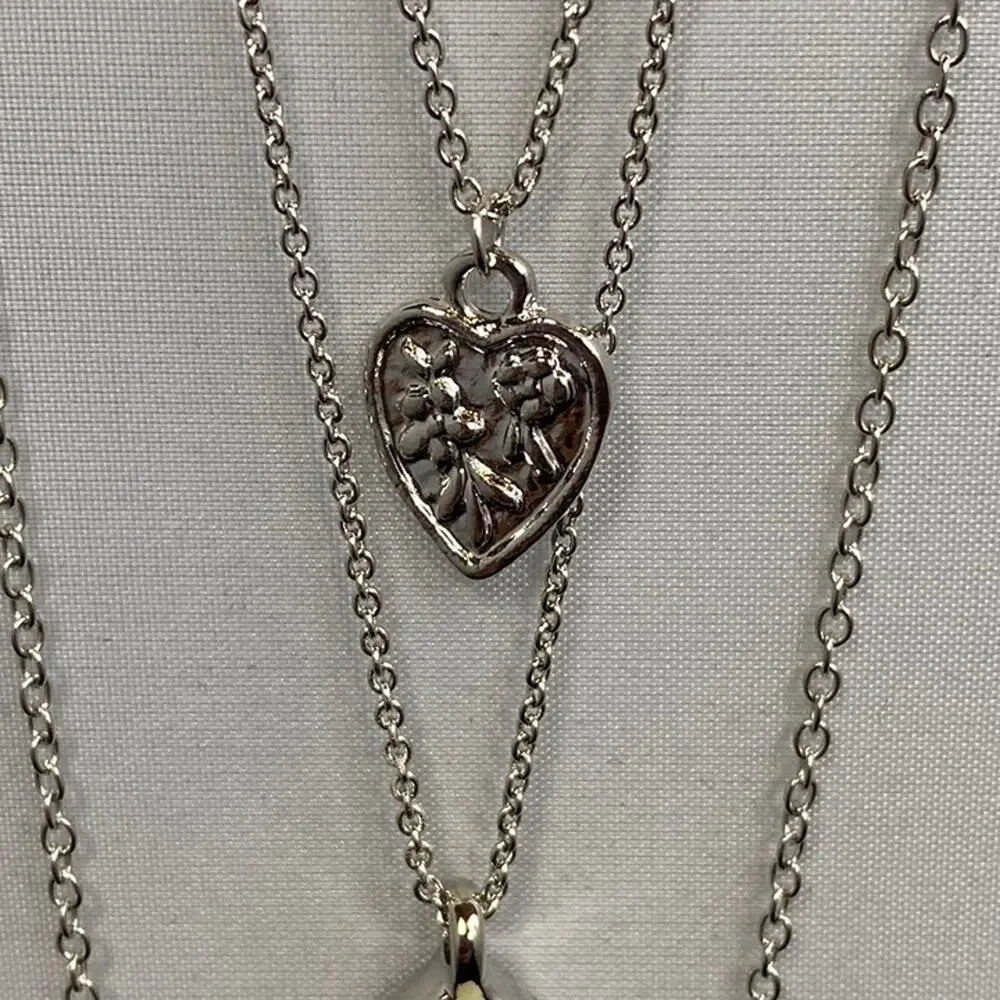 Silver Tone Layered Love Necklace Hammered Heart Druzy Teardrop Pendant NWT